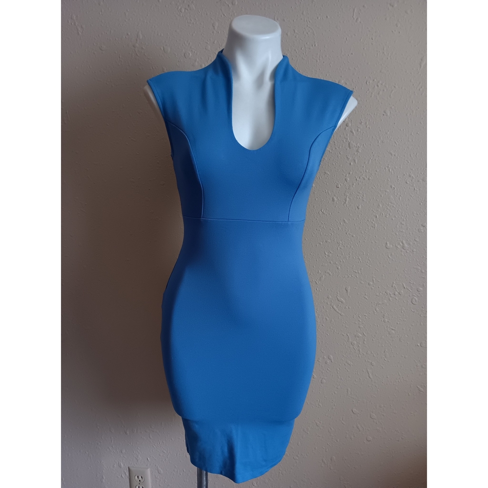 Chic Blue Mock Neck Sleeveless Bodycon Mini Dress